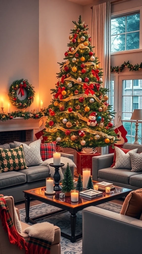 A cozy living room decorated for Christmas with a tree, candles, and festive decor.